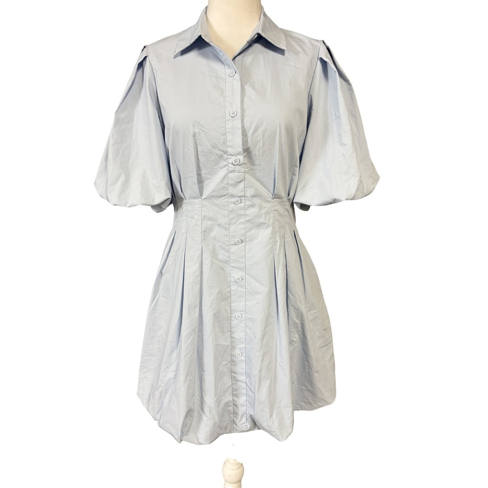 SIMKHAI Shirt Dress Womens 2 Blue Puff Sleeve Bubble Hem Pleated Cotton Blend